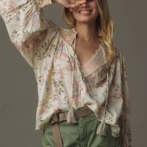 By Anthropologie Floral Long-Sleeve Smocked Lurex Print Metallic Accents Medium